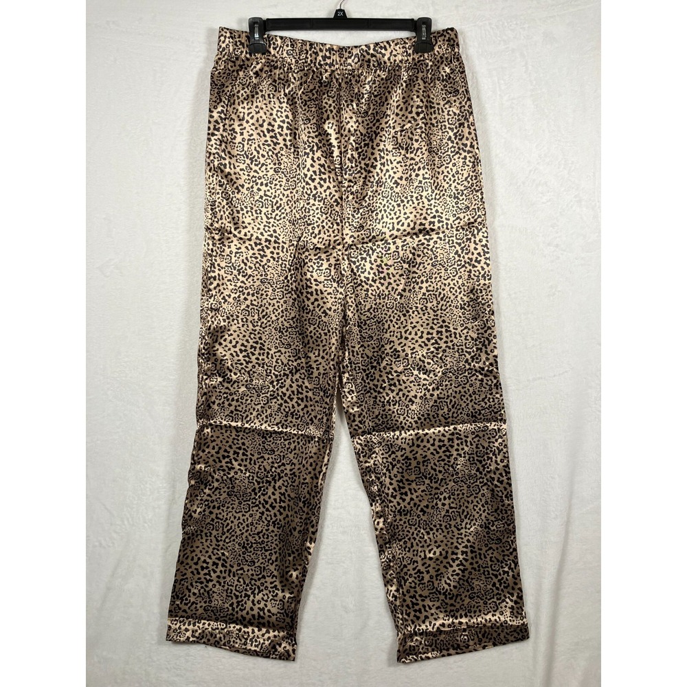 Oppa Satin Animal Print Pants Plus 3X Brown Leopard Wide Leg Lounge Pull On‎ NEW
